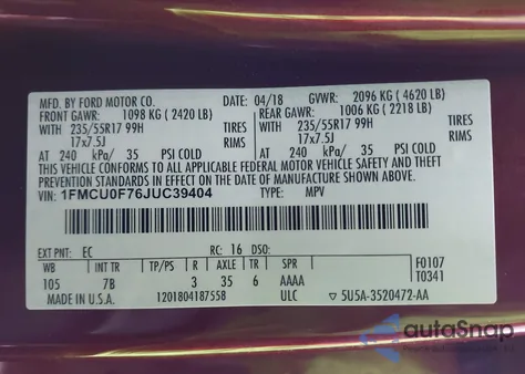 2018 Ford Escape S z USA, uszkodzony, nr VIN 1FMCU0F76JUC39404